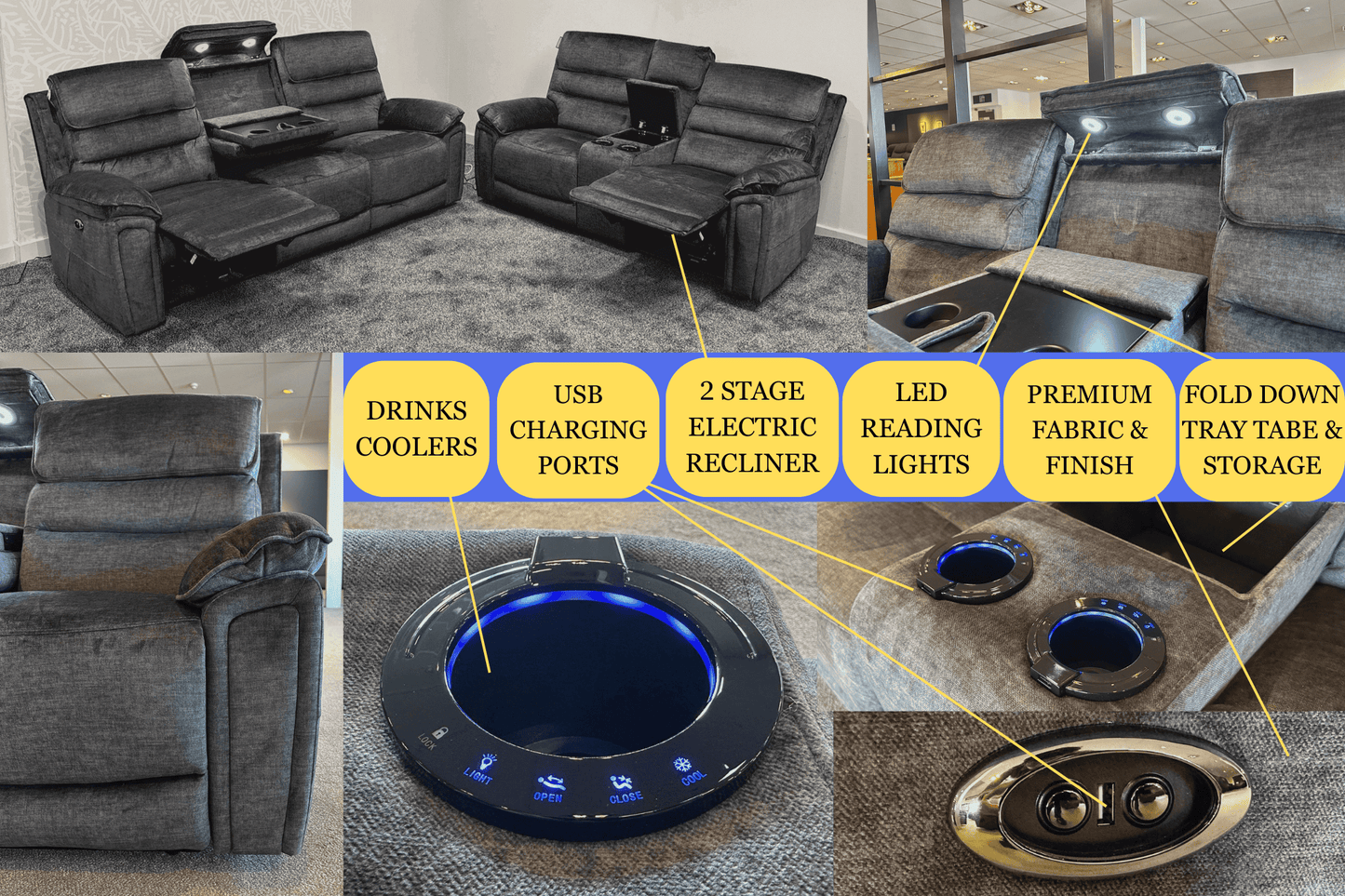 The “ Donald " Electric / Power Reclining Charcoal Grey Fabric Sofa Set - USB Charging & Drinks Tray Table Plus High Seating & Backrest Position | Couch |
