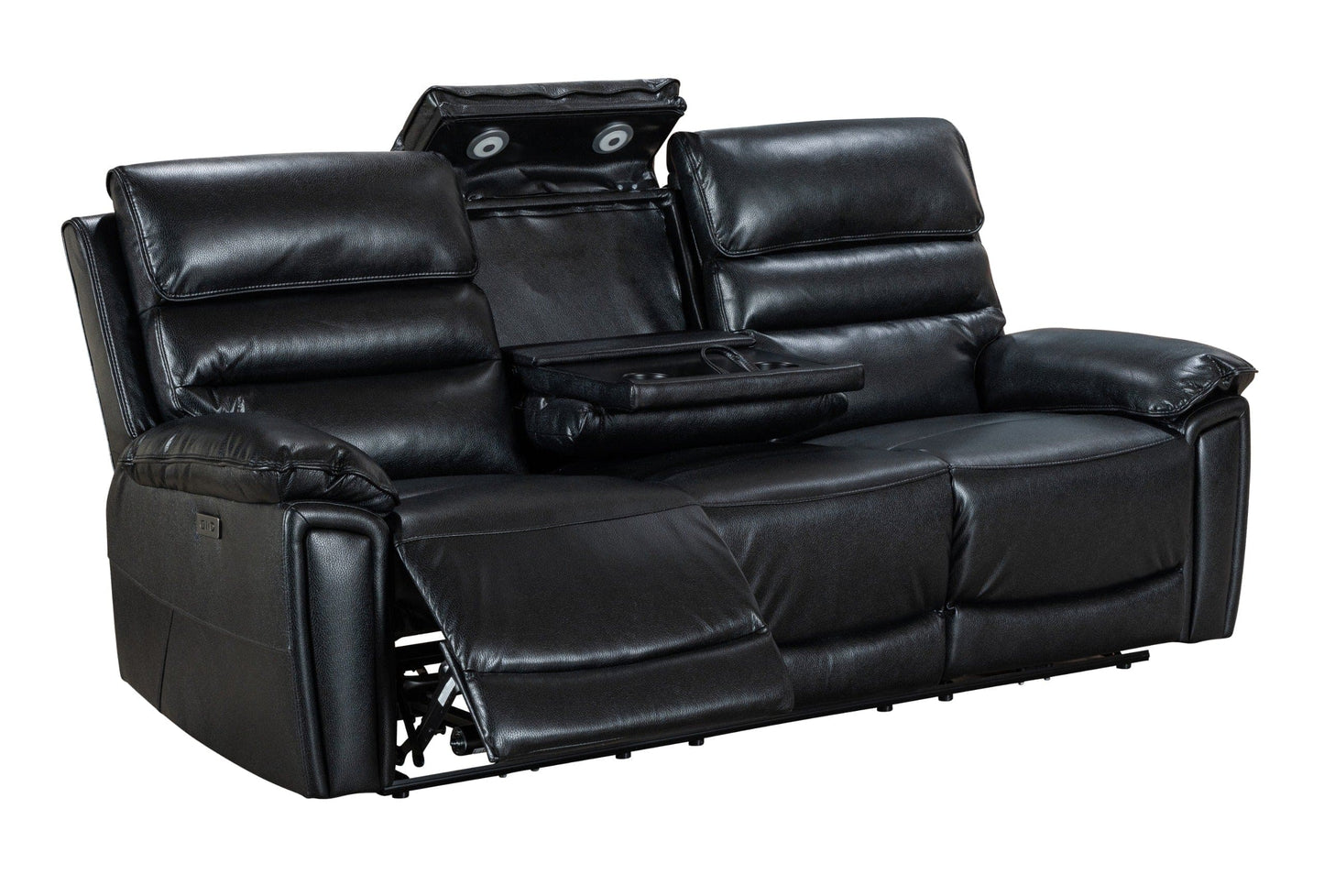 Donald Black Leather Electric / Power Reclining Sofa Range Suite Set With USB Charging Ports & Drop Down Tray Table