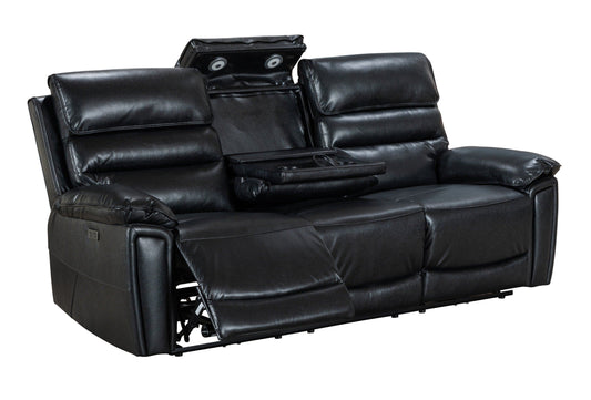 "Donald" Black Leather Electric / Power Reclining 3 Seater Sofa + 2 Armchairs Sofa Set With USB Charging Ports & Drop Down Tray Table