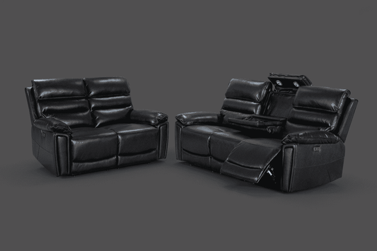 Calisese Black Leather Electric Reclining Sofa Range Suite Set With USB Charging Ports & Drop Down Tray Table
