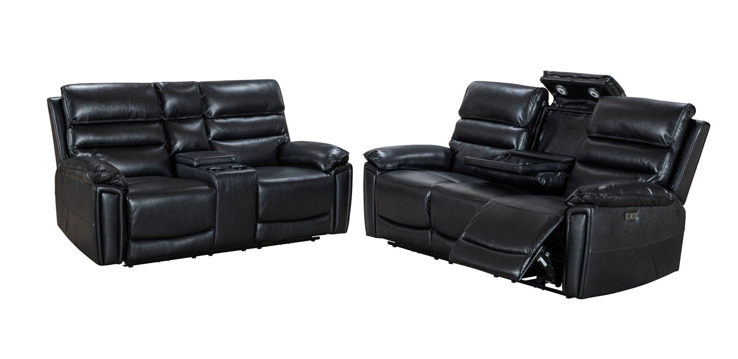 Donald Black Leather Electric / Power Reclining Sofa Range Suite Set With USB Charging Ports & Drop Down Tray Table