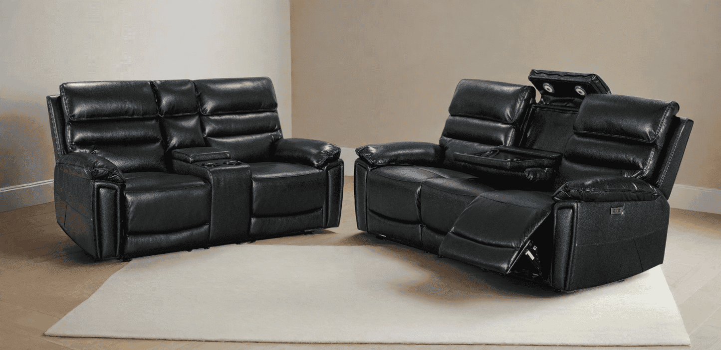 Donald Black Leather Electric / Power Reclining Sofa Range Suite Set With USB Charging Ports & Drop Down Tray Table