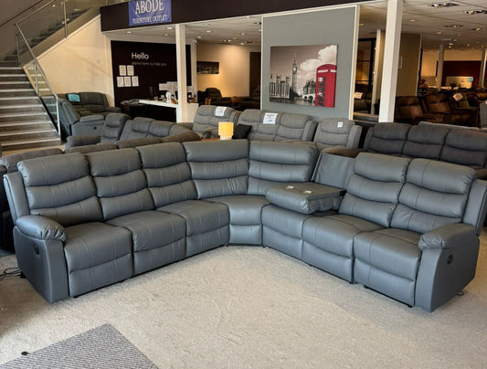 "Lando" Grey Leather 3C3 Recliner Corner Sofa | Drinks Tray Table x 2 | Modular