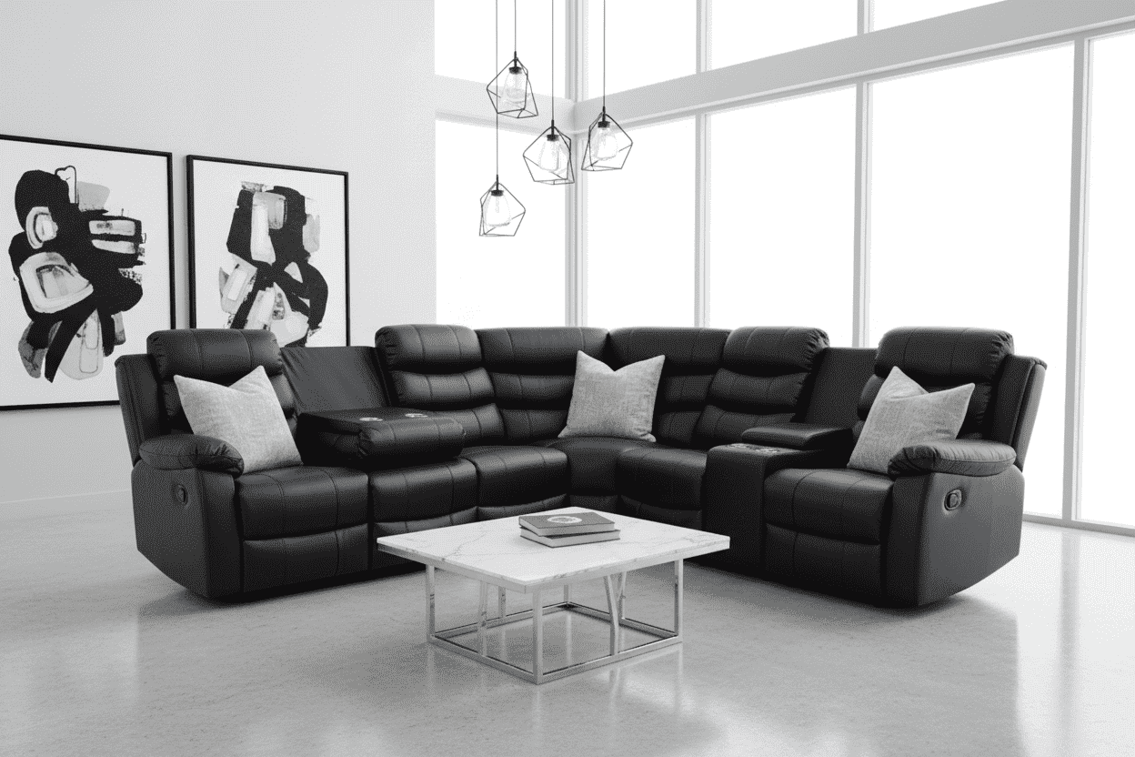 Black Leather 'Lando' 3c2c Reclining Corner Sofa | Reversible & Modular | Drinks Console | High Backrest | Built To Fit Any Home | Couch