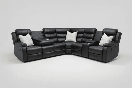 Black Leather 'Lando' 3c2c Reclining Corner Sofa | Reversible & Modular | Drinks Console | High Backrest | Built To Fit Any Home | Couch