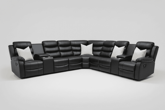Black Leather 'Lando' 3c3 + 2 Drinks Consoles SPECIAL OFFER! Lando Black Leather Reclining Corner Sofa | Reversible & Modular | High Backrest | Built To Fit Any Home | Couch