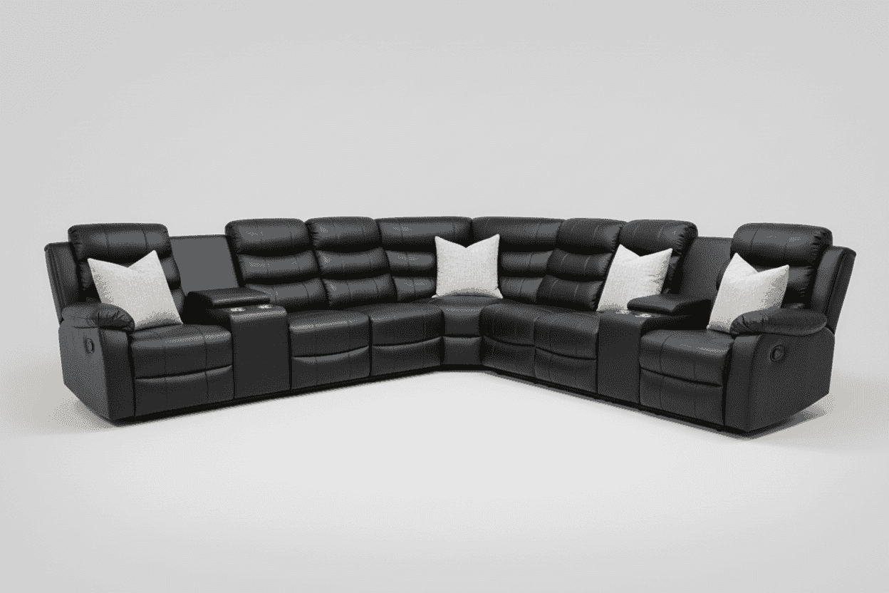 (Back In Stock Sept 30th) Black Leather 'Lando' 3c3 + 2 Drinks Consoles SPECIAL OFFER! Lando Black Leather Reclining Corner Sofa | Reversible & Modular | High Backrest | Built To Fit Any Home | Couch