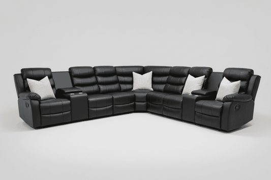 (Back In Stock Sept 30th) Black Leather 'Lando' 3c3 + 2 Drinks Consoles SPECIAL OFFER! Lando Black Leather Reclining Corner Sofa | Reversible & Modular | High Backrest | Built To Fit Any Home | Couch