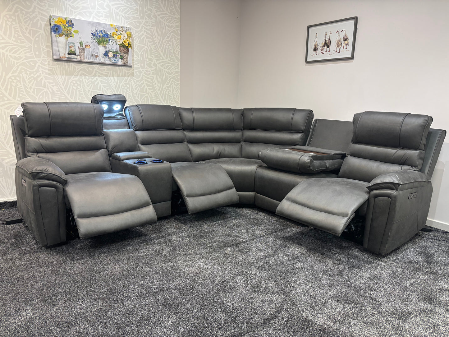 Donald Cinema Tech 2C2C Easy-Clean Suede Fabric Modular Power Recliner Corner Sofa – 3 Recliners, Drinks Coolers & Wireless Charging