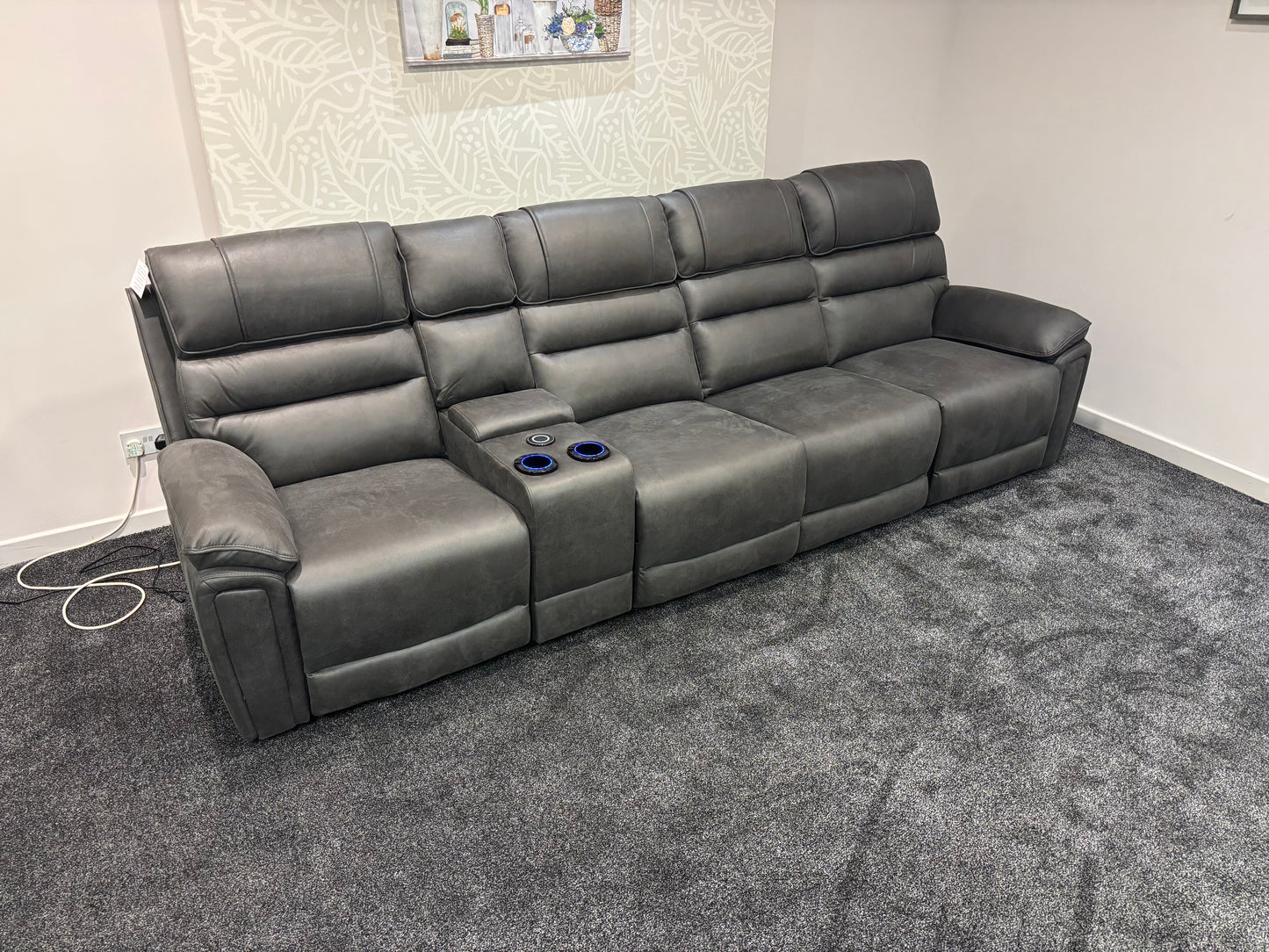 Donald Cinema Tech 4 Seater Easy-Clean Suede Fabric Modular Power Recliner Sofa – Console, Drinks Coolers & Wireless Charging