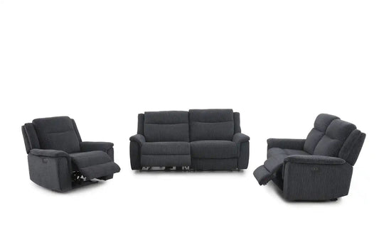 "Tamala" Charcoal Grey Fabric Electric Recliner 3 Seater, 2 Seater & Armchair Sofa Set Complete With USB/C Charging Ports