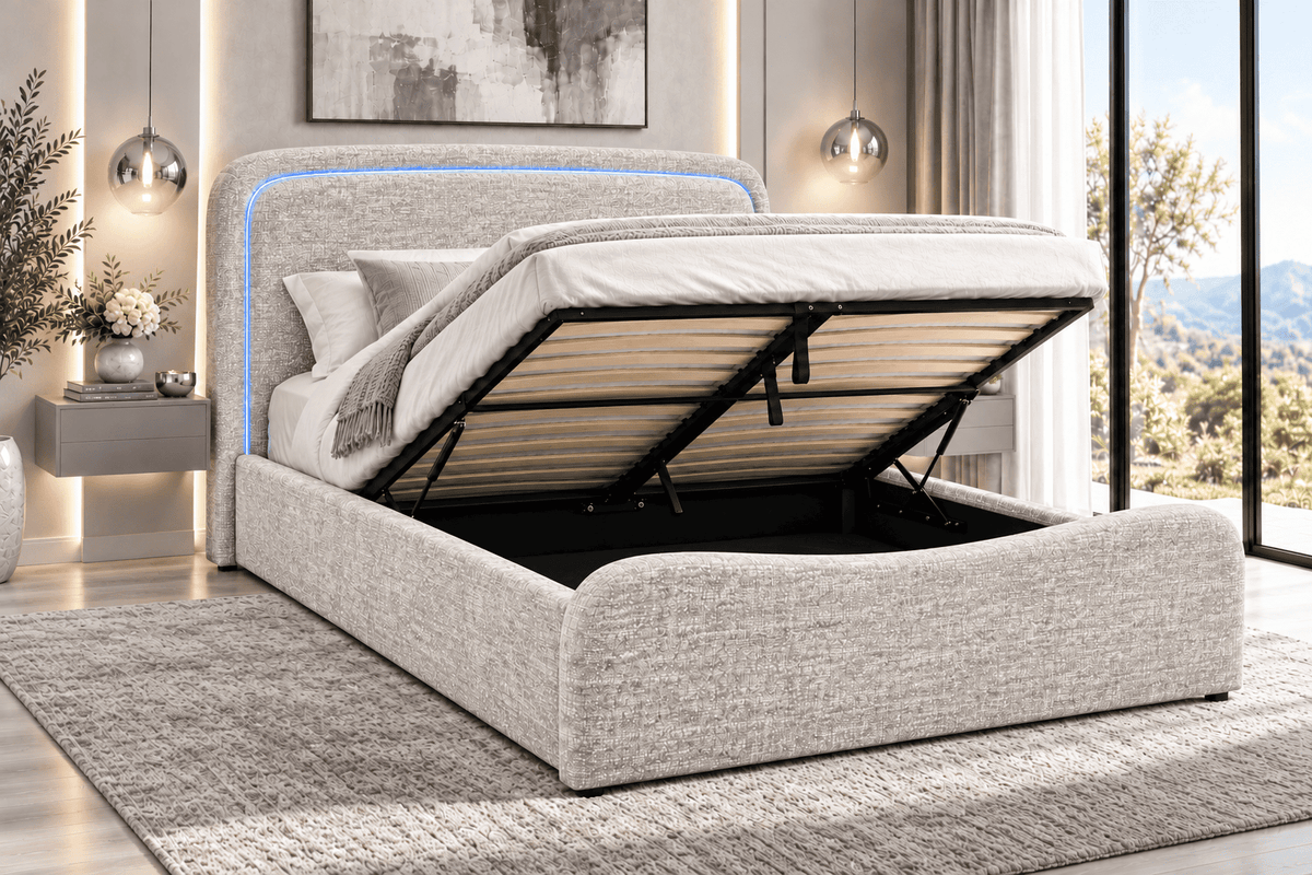 (Pre Order Deal, Back In Stock December 15th) "Harriet" Ivory Ottoman Storage Bed - Frame Only - 2 Sizes Available