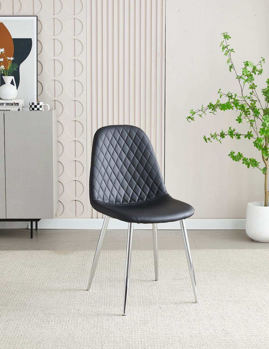 MEX Quilted Back Black Leather Dining Chairs With Chrome Metal Legs | Set Of 2, 4, 6 or 8