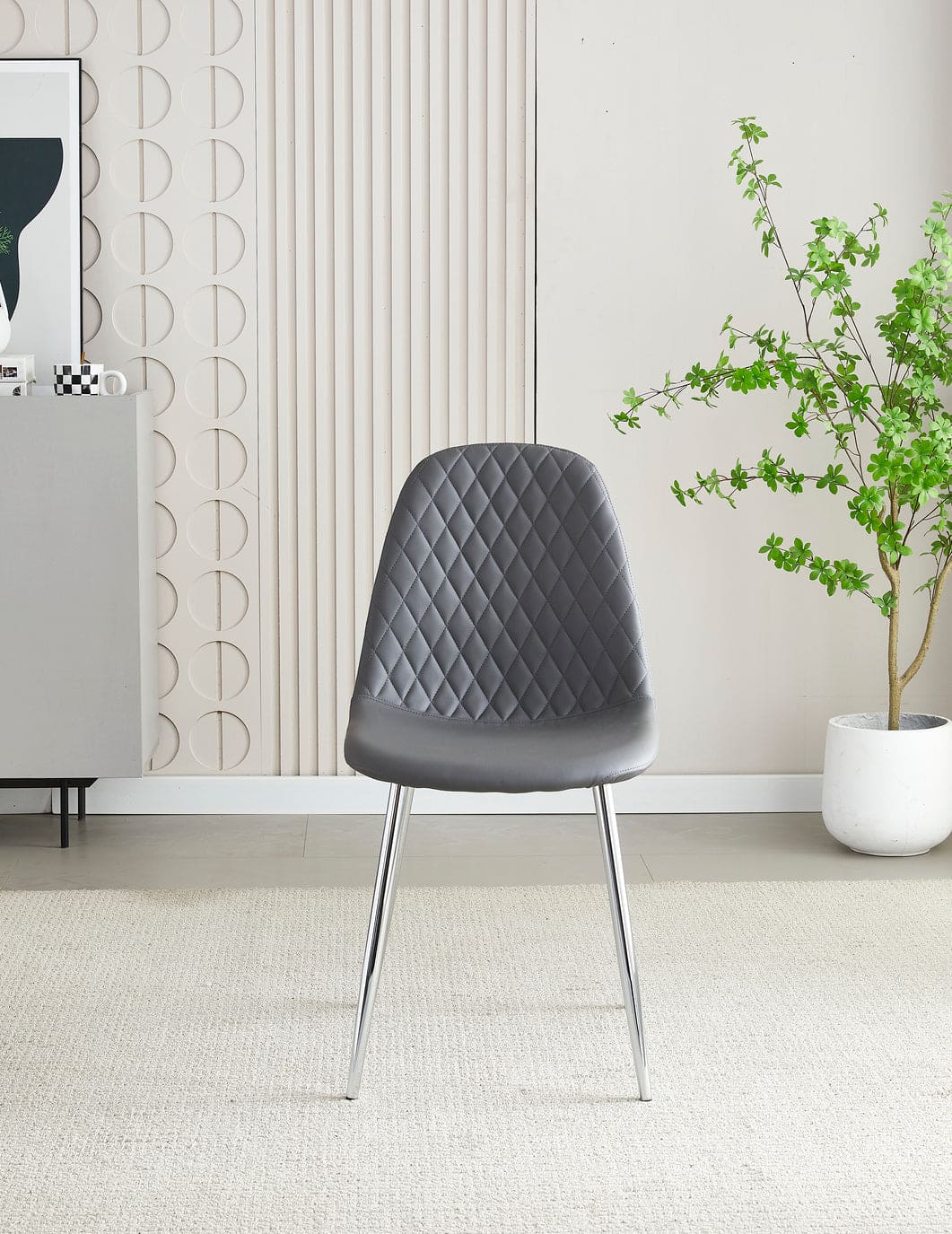 MEX Quilted Back Grey Leather Dining Chairs With Chrome Metal Legs | Set Of 2, 4, 6 or 8