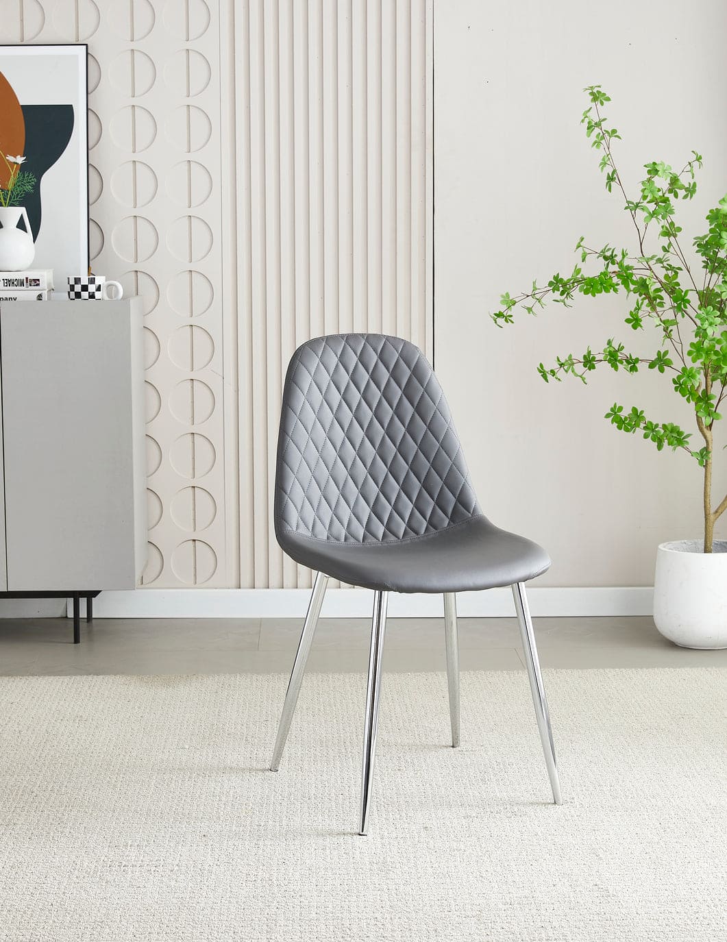 MEX Quilted Back Grey Leather Dining Chairs With Chrome Metal Legs | Set Of 2, 4, 6 or 8