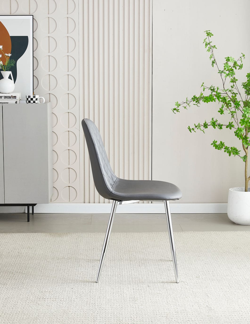 MEX Quilted Back Grey Leather Dining Chairs With Chrome Metal Legs | Set Of 2, 4, 6 or 8