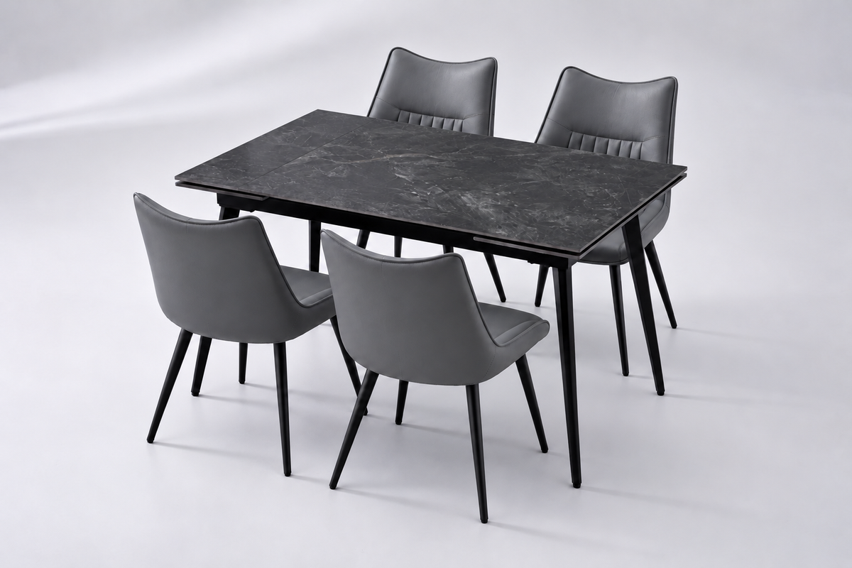 (Pre Order Deal, Arriving December 15th) "Regis" 120cm-180cm Ceramic Extending Dining Table & Grey Leather Celia Dining Chairs Set