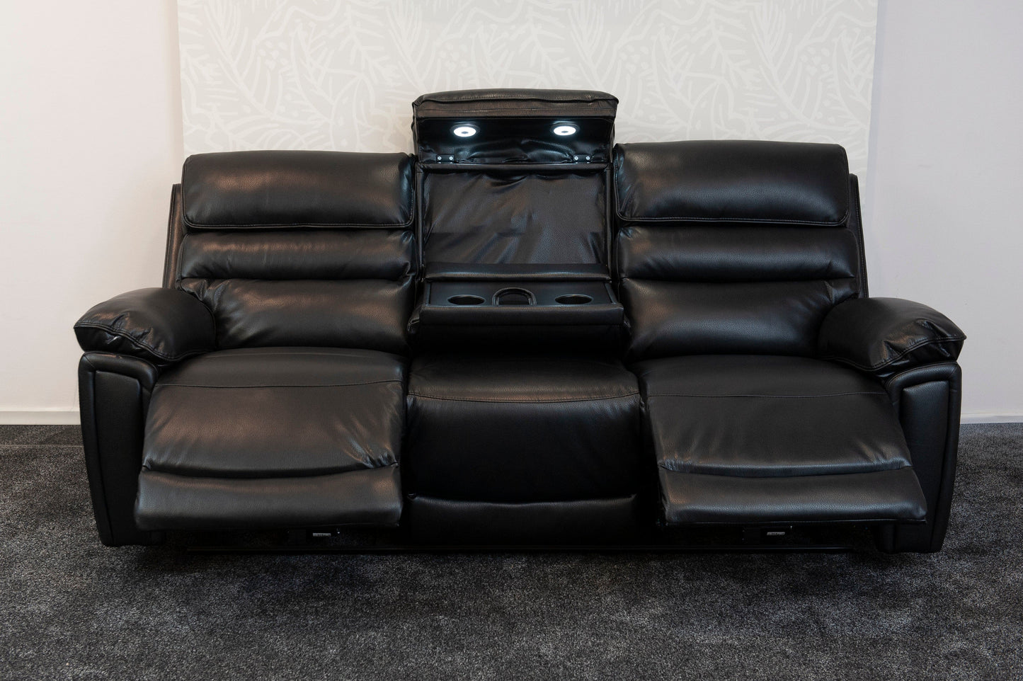 Donald Black Leather Electric / Power Reclining 3 Seater Sofa With USB Charging Ports & Drop Down Tray Table