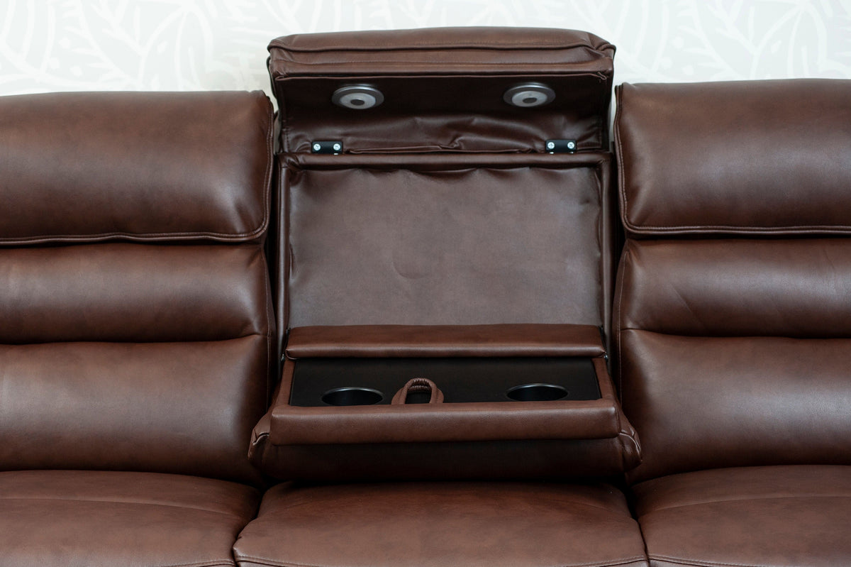Donald Brown Leather Electric / Power Reclining 3 Seater + 2 Seater Sofa Set With USB Charging Ports & Drop Down Tray Table