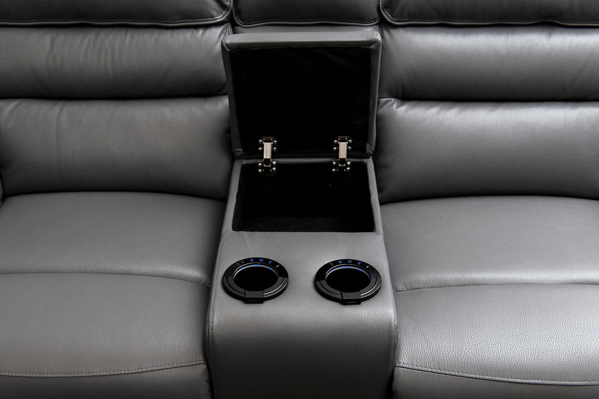 Donald Grey Leather Electric / Power Reclining 2 Seater Sofa With Drinks Coolers USB Charging Ports & Drop Down Tray Table