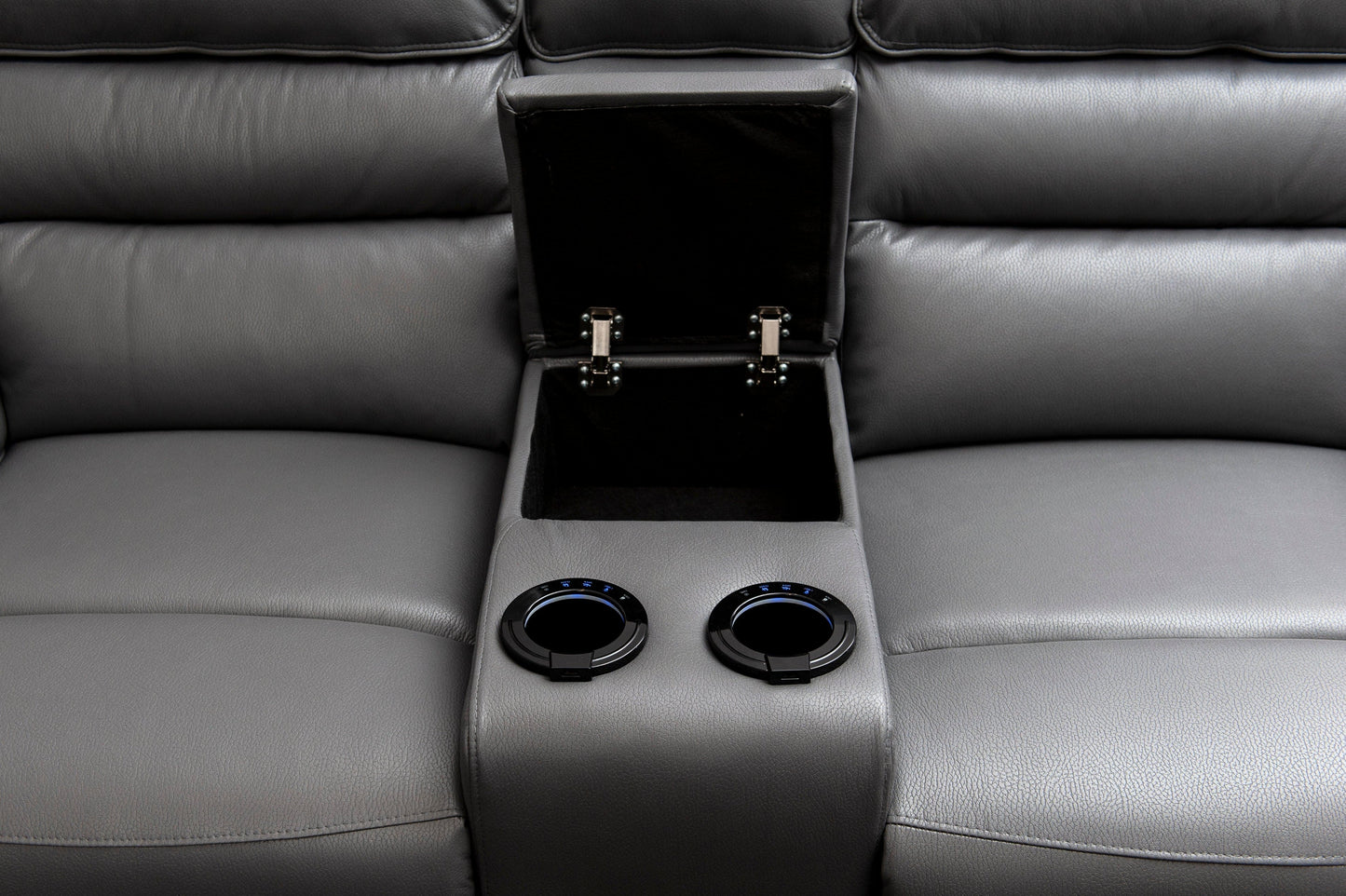 Donald Grey Leather Electric / Power Reclining 2 Seater Sofa With Drinks Coolers USB Charging Ports & Drop Down Tray Table