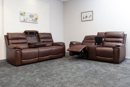 Donald Brown Leather Electric / Power Reclining Sofa Range Suite Set With USB Charging Ports & Drop Down Tray Table