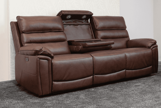 Donald Brown Leather Electric / Power Reclining 3 Seater Sofa With USB Charging Ports & Drop Down Tray Table