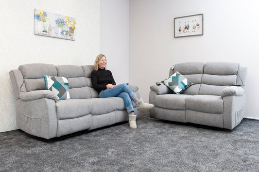 Dual Motor Lewson Grey Fabric Rise & Recliner 3 Seater + 2 Seater Sofa Set Suite Couch