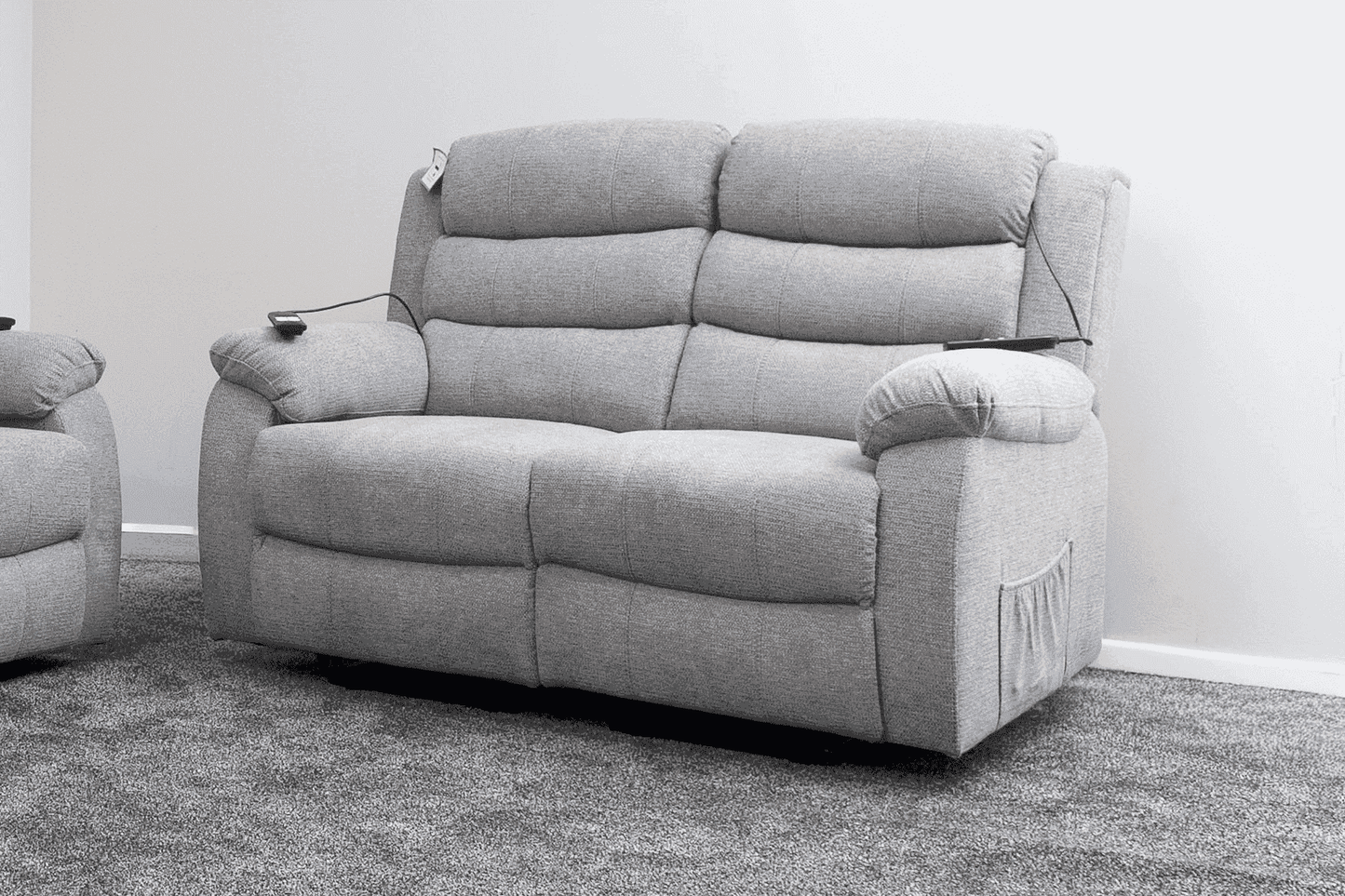 Dual Motor Lewson Grey Fabric Rise & Recliner 3 Seater + 2 Seater Sofa Set Suite Couch