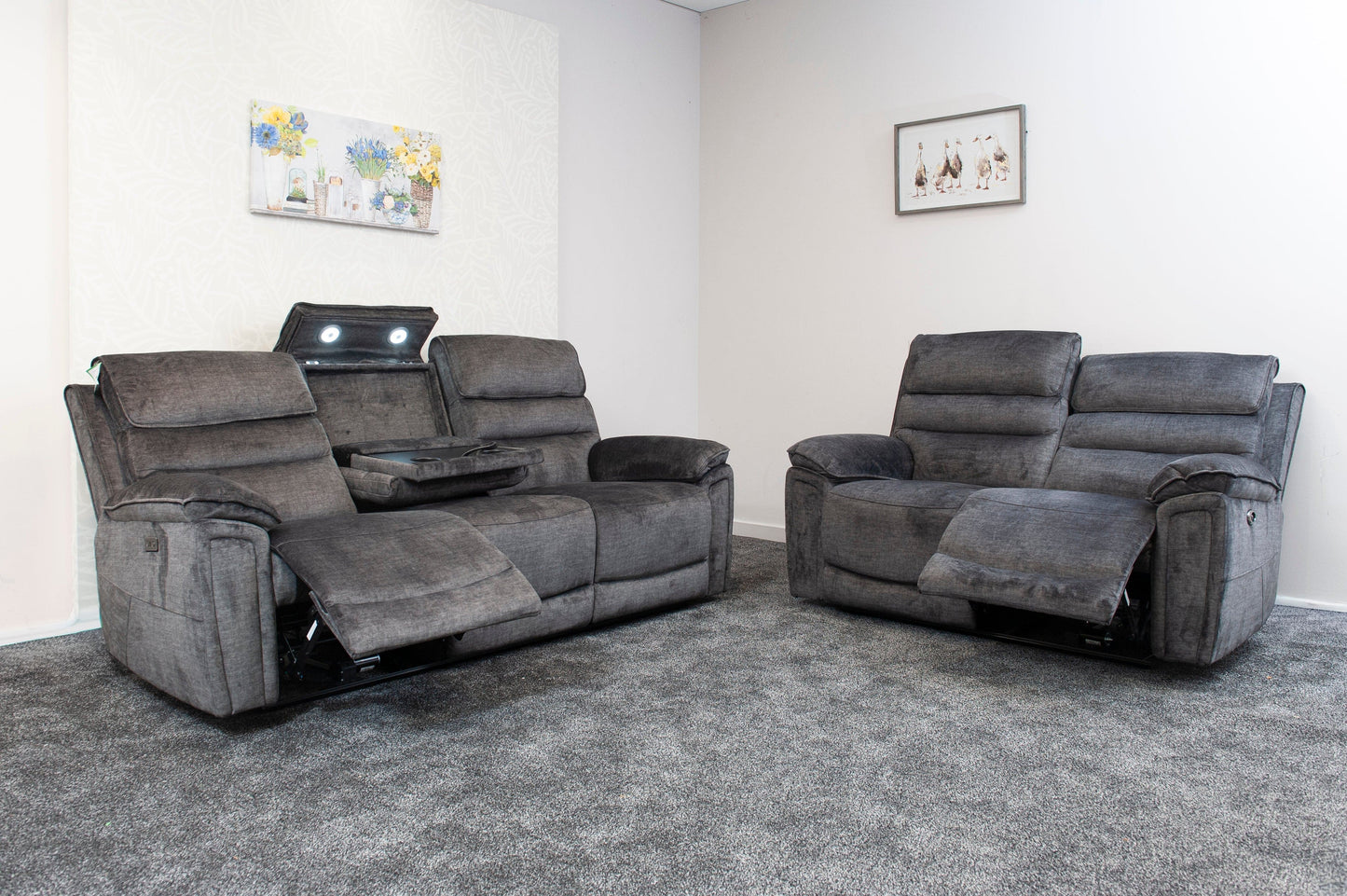 The “ Donald " Electric / Power Reclining Charcoal Grey Fabric 3 + 2 Seater Sofa Set - USB Charging & Drinks Tray Table Plus High Seating & Backrest Position | Couch |