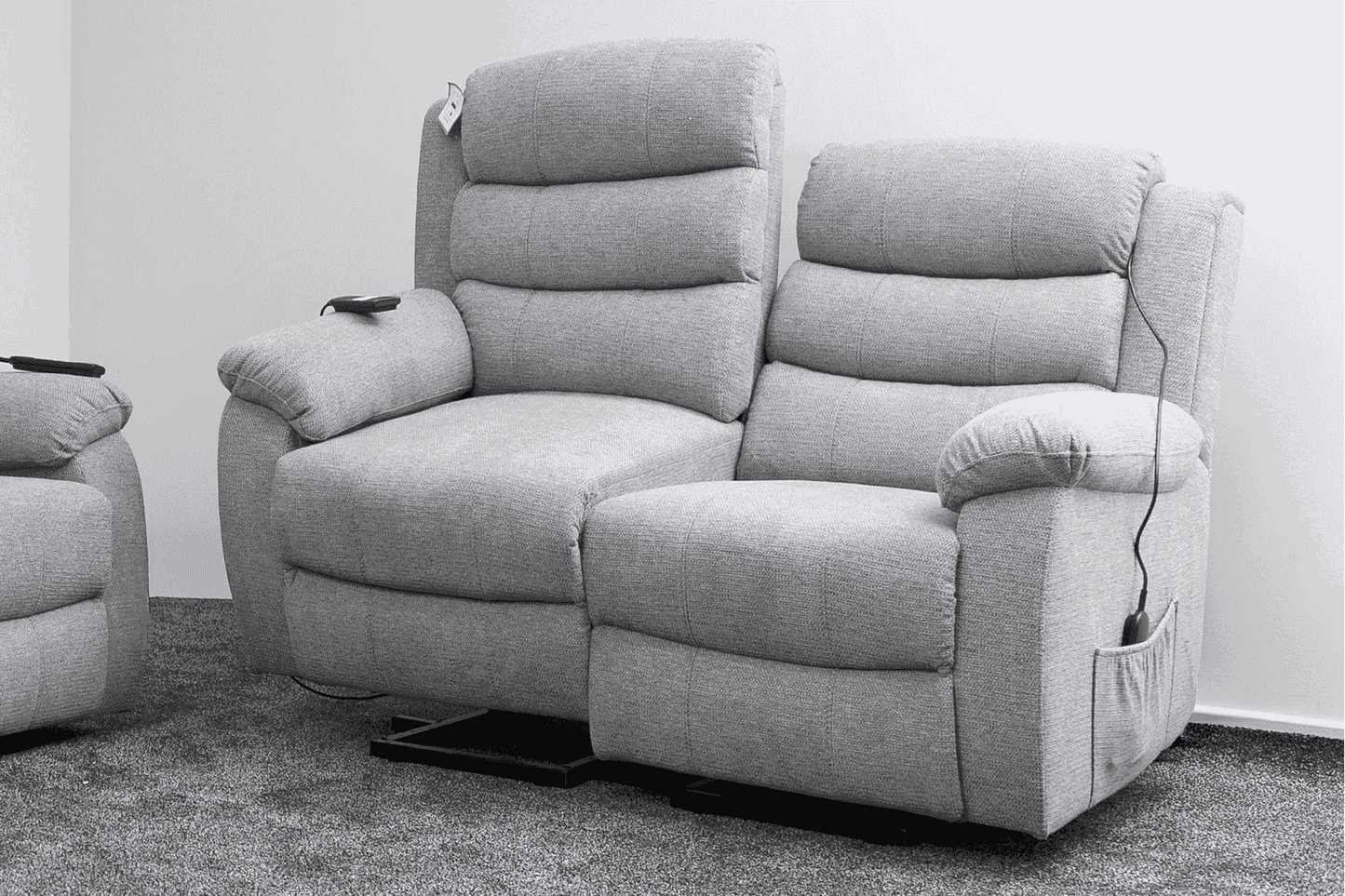 Dual Motor Lewson Grey Fabric Rise & Recliner 2 Seater Sofa Suite Couch