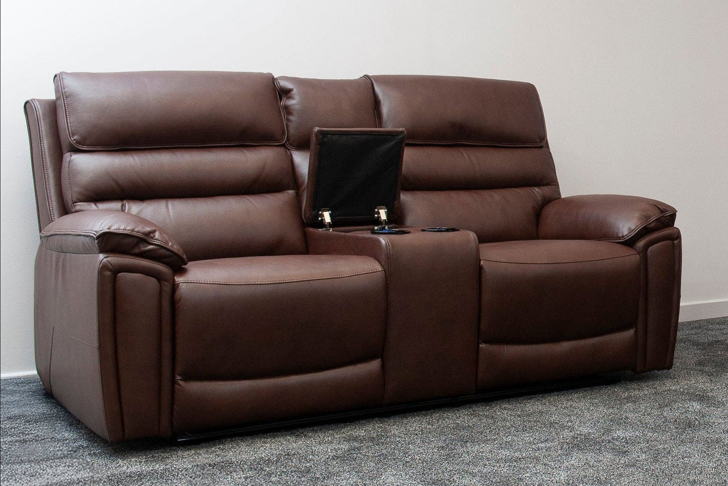 Donald Brown Leather Electric / Power Reclining 2 Seater Sofa With USB Charging Ports & Drinks Coolers