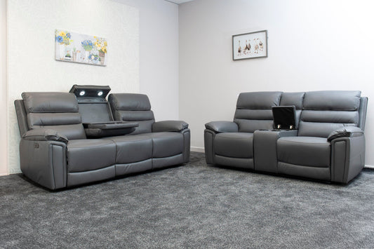 Donald Grey Leather Electric / Power Reclining 3 Seater + 2 Seater Sofa Suite Set With Drinks Coolers USB Charging Ports & Drop Down Tray Table