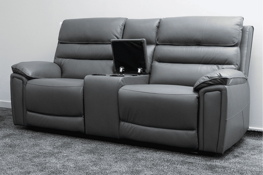 Donald Grey Leather Electric / Power Reclining 2 Seater Sofa With Drinks Coolers USB Charging Ports & Drop Down Tray Table