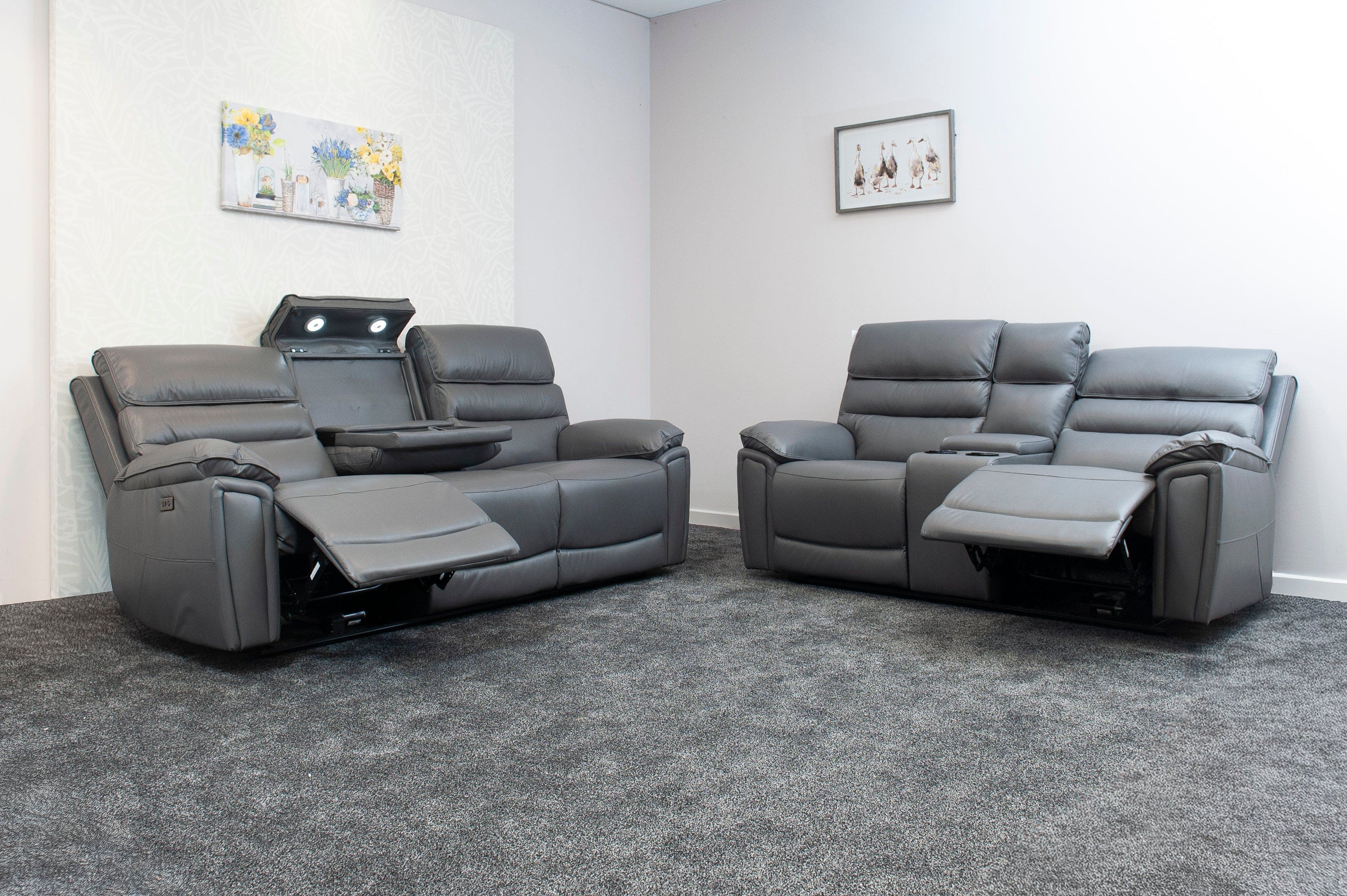 Donald Grey Leather Electric / Power Reclining 3 Seater + 2 Seater Sofa Suite Set With Drinks Coolers USB Charging Ports & Drop Down Tray Table