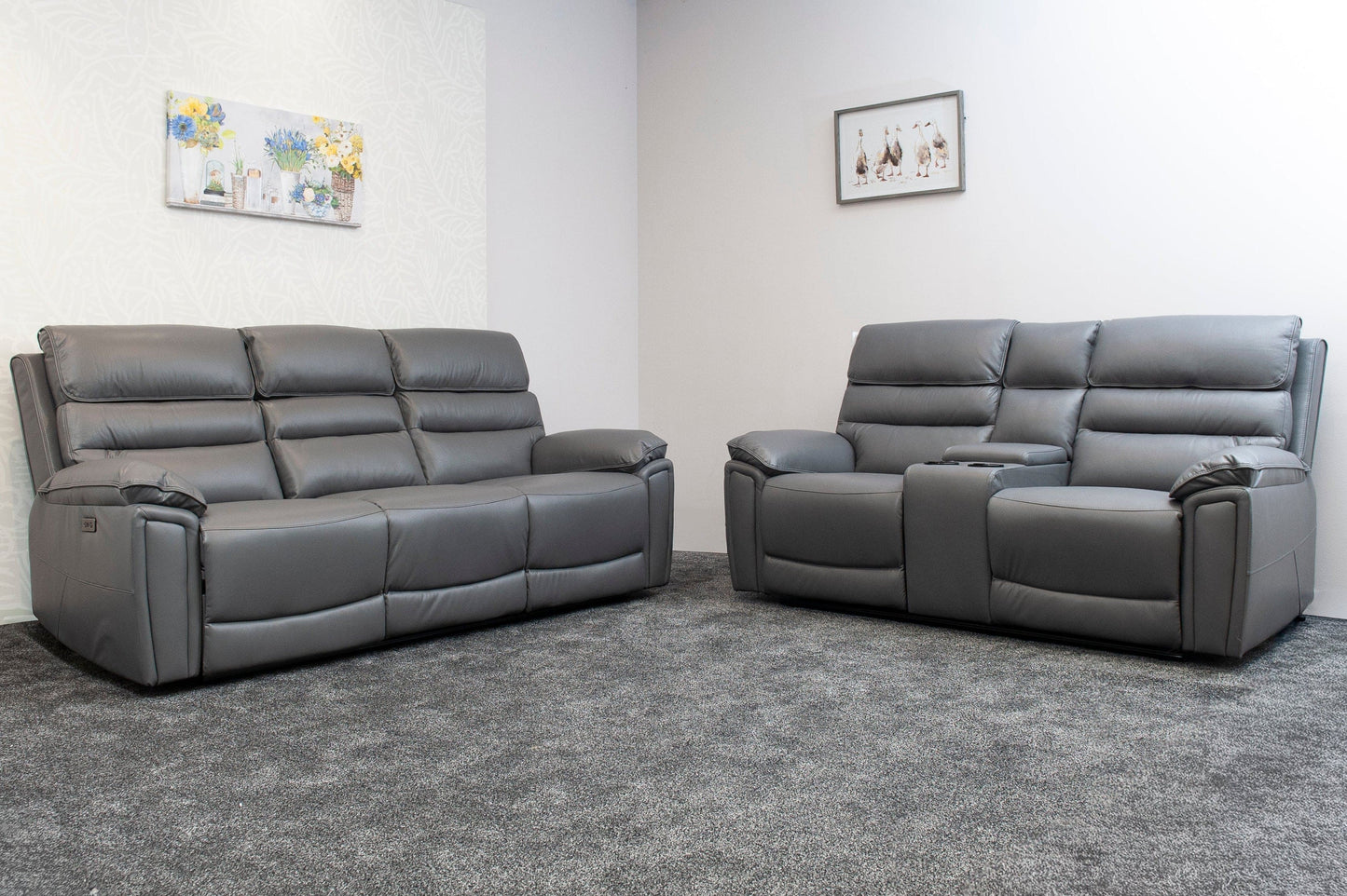 Donald Grey Leather Electric / Power Reclining Sofa Range Suite Set With Drinks Coolers USB Charging Ports & Drop Down Tray Table