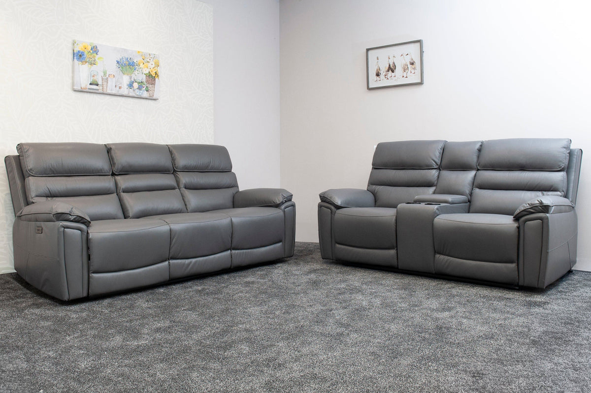 Donald Grey Leather Electric / Power Reclining Sofa Range Suite Set With Drinks Coolers USB Charging Ports & Drop Down Tray Table