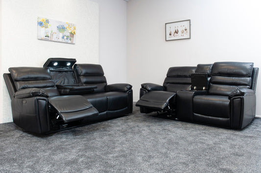 Donald Black Leather Bundle - Electric / Power Reclining 3 Seater + 2 Seater Sofa Set With USB Charging Ports, Drinks Coolers & Drop Down Tray Table
