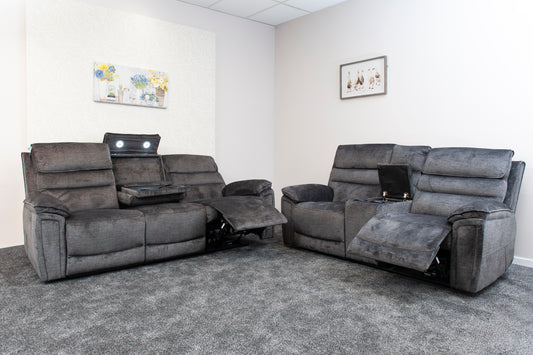 “Donald" Electric Reclining Charcoal Grey Fabric 3 Seater + 2 Seater Sofa Set - Drinks Coolers - USB Charging & Drinks Tray Table + High Seating & Backrest Position | Couch |