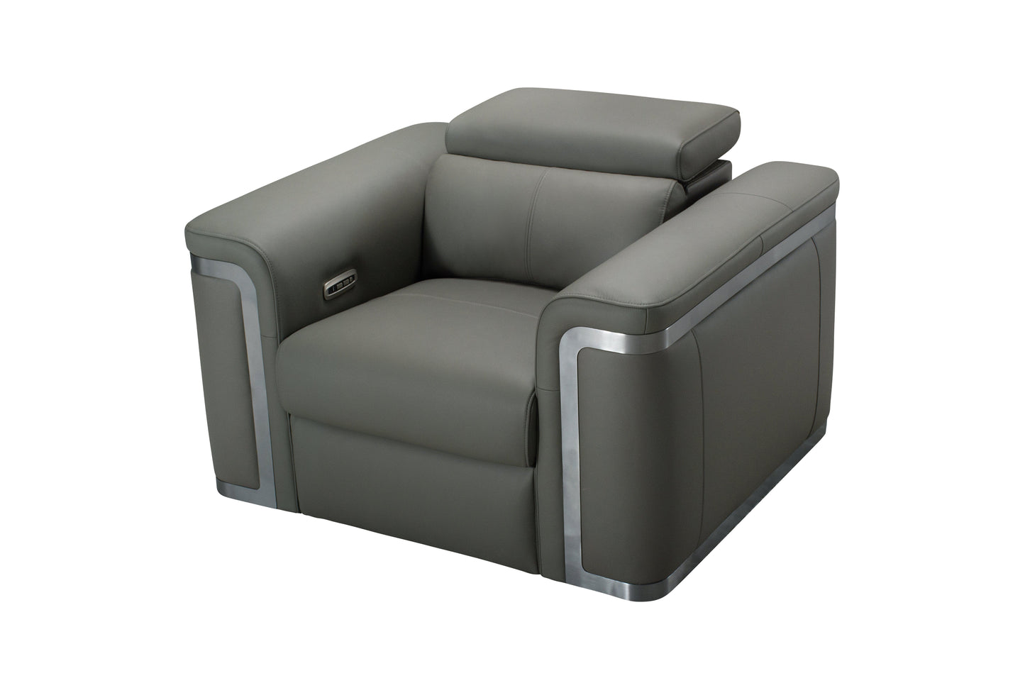 Plaza Top Grain Grey Leather Power Recliner Armchair / 1 Seater Sofa with Adjustable Headrests