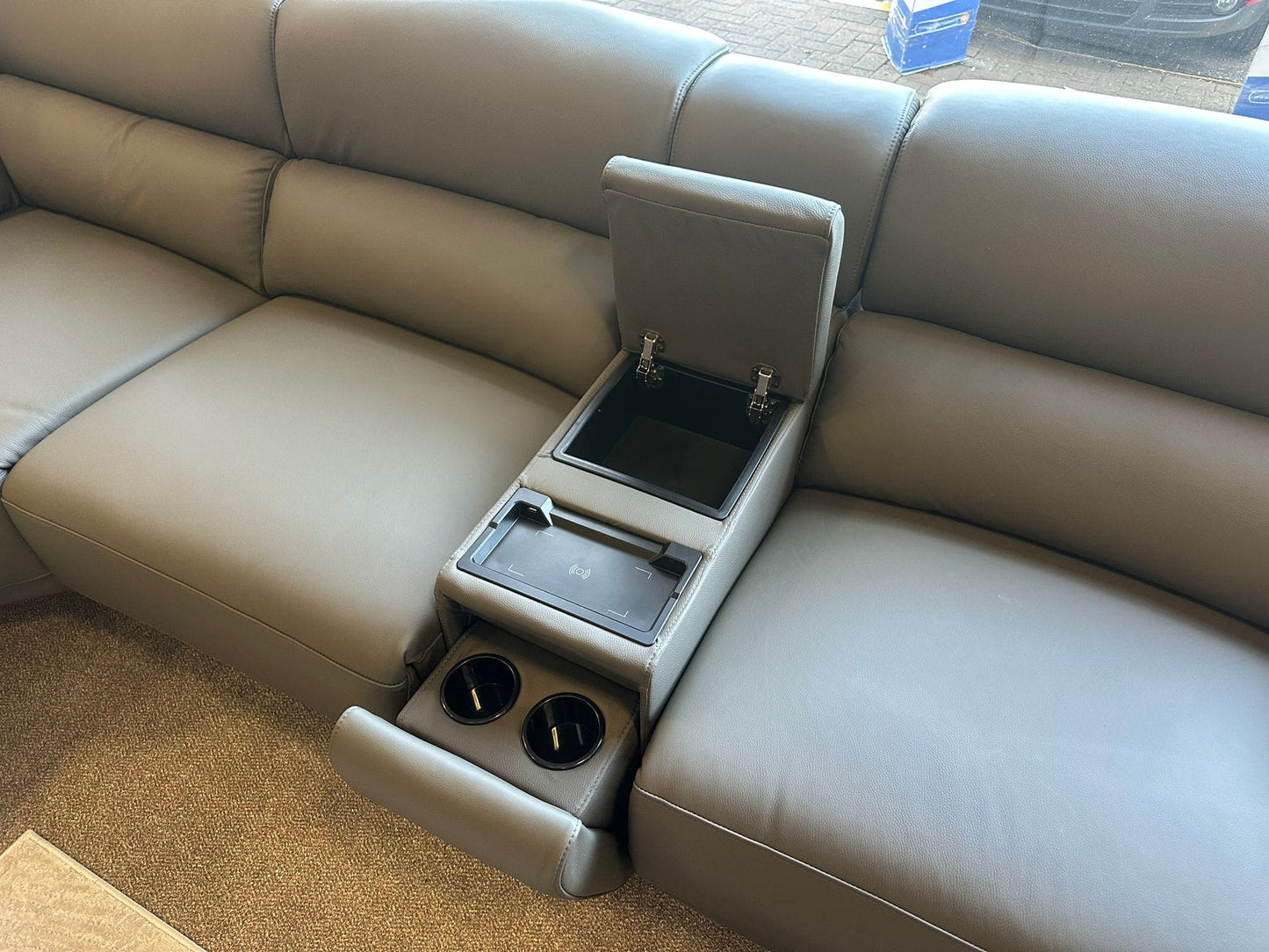 San Andreas Electric Recliner Grey Top Grain Leather Corner Sofa With Charging Console