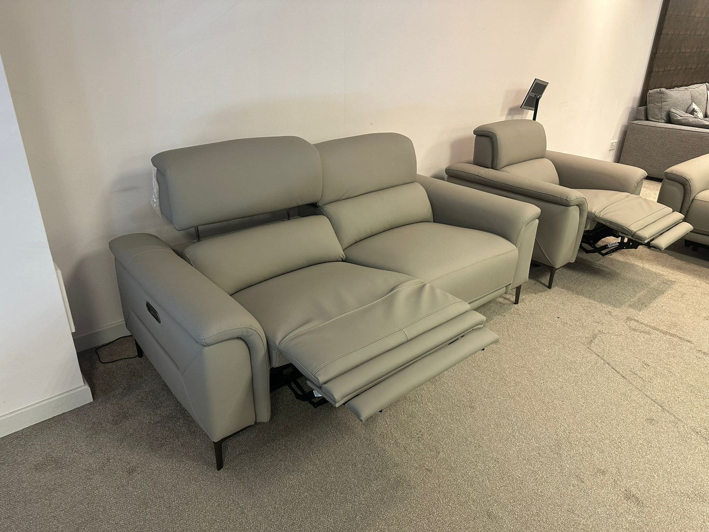 San Antonio Top Grain Silver Leather Power Recliner Sofa Range with Adjustable Headrests