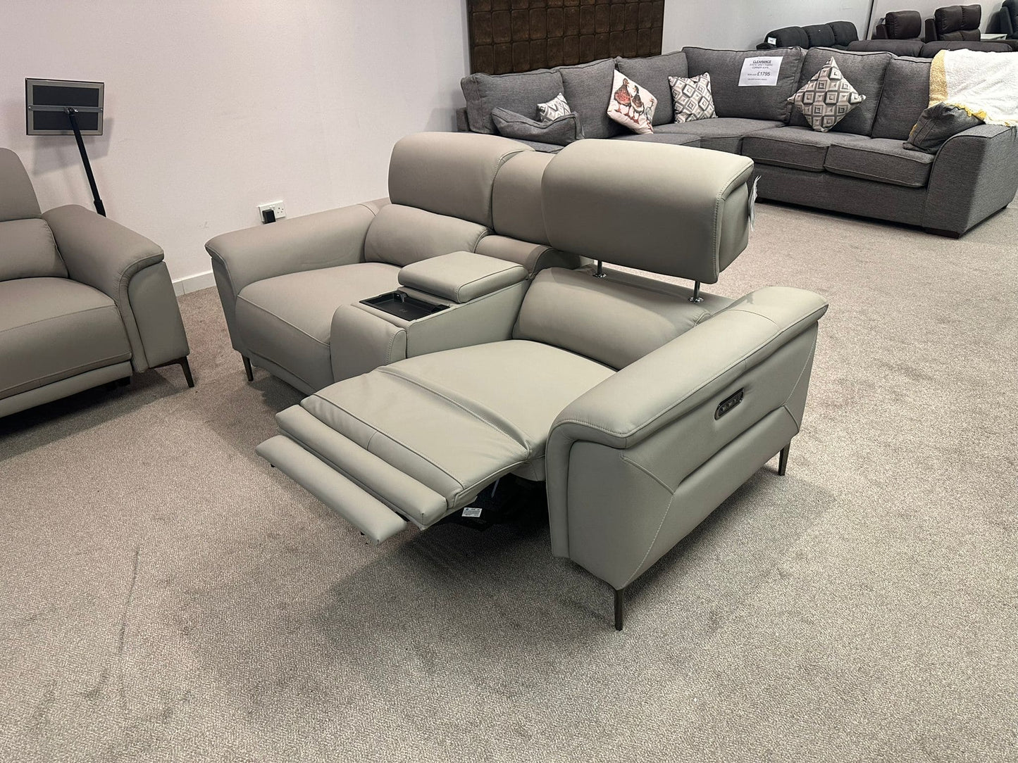 San Antonio Top Grain Silver Leather Power Recliner Sofa Range with Adjustable Headrests
