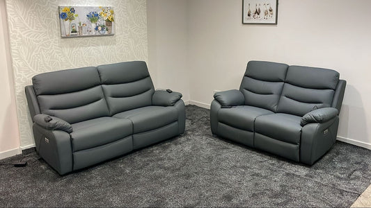 "Bertie" Grey Leather Electric Reclining Massage Sofa Range With Power Headrests & USB Charging Ports For Ultimate Comfort