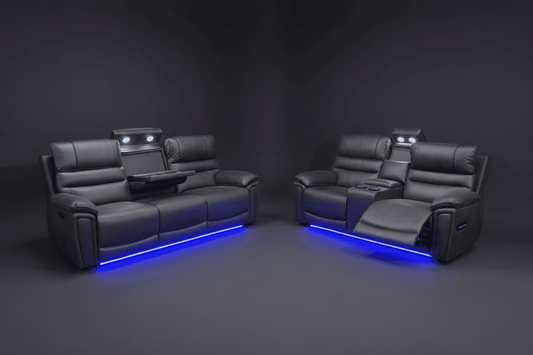 (Pre Order Now, Stock Arrives 15th August) Donald Cinema Sofas | Drinks Coolers | Wireless Charging | Bluetooth Speakers | Power Adjustable Headrests | Express Smart Tech Grey Fabric Power Recliner Sofa Range | Couch |