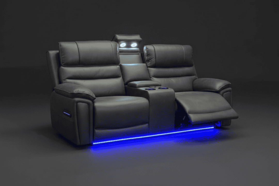 (Pre Order Now, Stock Arrives 15th August) Donald Cinema 3 Seater + 2 Seater Set | Drinks Coolers | Wireless Charging | Bluetooth Speakers | Power Adjustable Headrests | Express Smart Tech Grey Fabric Power Recliner Sofa Range | Couch