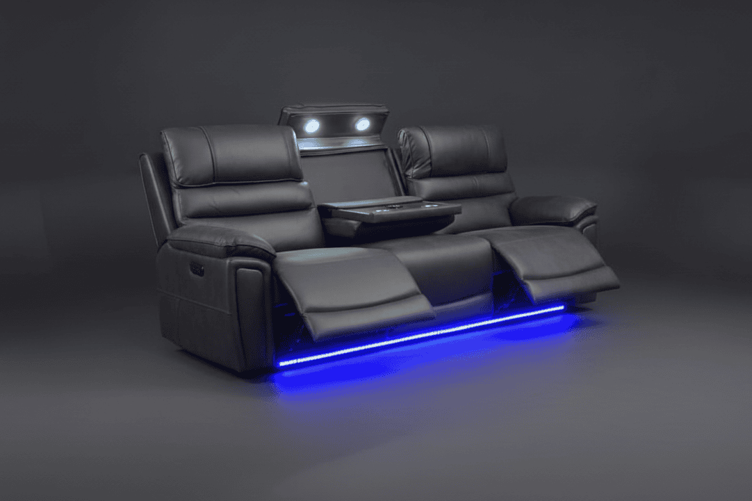 (Pre Order Now, Stock Arrives 15th August) Donald Cinema 3 Seater Sofa | Wireless Charging | Power Adjustable Headrests | Express Easy Clean Smart Tech Grey Fabric Power Recliner Sofa Range | Couch