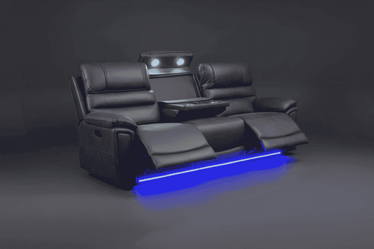 (Pre Order Now, Stock Arrives 15th August) Donald Cinema 3 Seater + 2 Seater + Armchair Sofa Set | Drinks Coolers | Wireless Charging | Bluetooth Speakers | Power Adjustable Headrests | Express Smart Tech Grey Fabric Power Recliner Sofa Range | Couch |