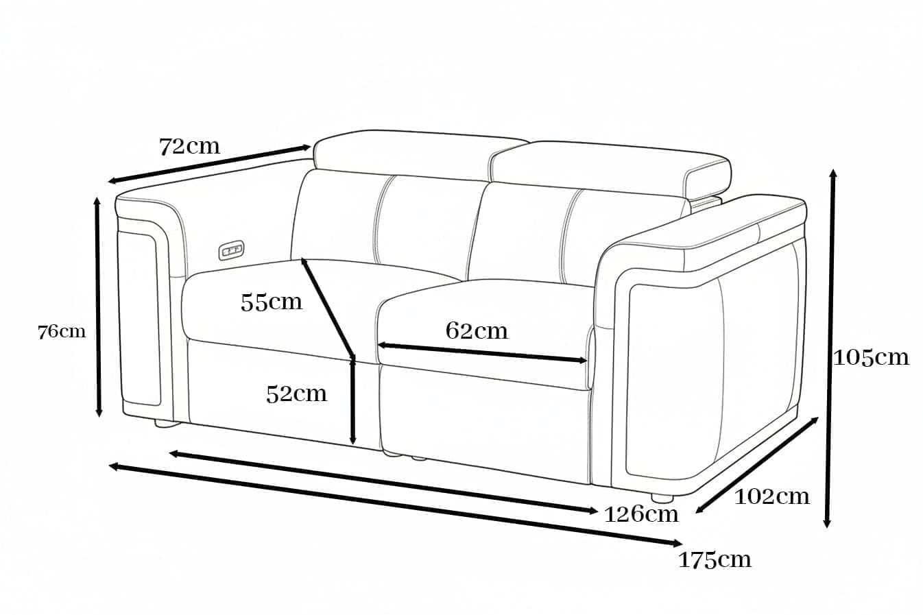 Plaza Top Grain Silver Leather Power Recliner 2 Seater Sofa with Adjustable Headrests