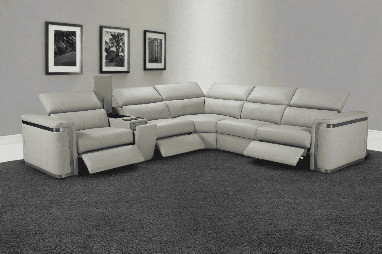 Plaza Electric Recliner Silver Top Grain Leather Corner Sofa With Charging Console
